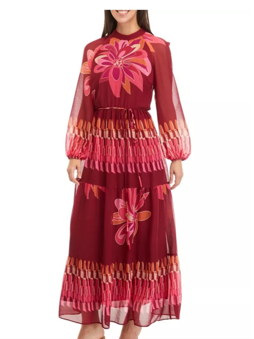 Melonie T Blousom Sleeve Floral Print Maxi Dress Wineberry Boho Glam Size 16